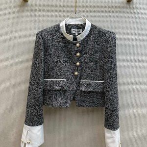 miumiu pearl button design stand collar small jacket